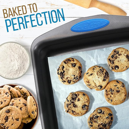 NutriChef 6-Piece Baking Pan Set - Carbon Steel Stackable Bakeware with Blue Silicone Handles & Nonstick Coating, Includes Cookie Sheets, Roaster Pan with Lid, Loaf Pan, and 12 Cup Muffin Pan (Gray)