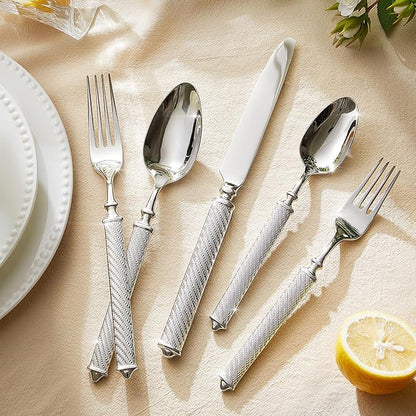 KINGSTONE Retro Rope-Pattern Silverware Set, 10-Piece Flatware Set Cutlery Set Forged with Handcrafted Texture Handles 18/10 Stainless Steel, Dishwasher Safe