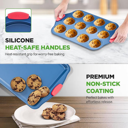 NutriChef 6-Piece Bakeware Set - Nonstick Carbon Steel Baking Pans with Red Silicone Handles, Blue Coating, Durable & Stain-Resistant, Perfect for Baking Cakes, Muffins, Cookies (Blue)