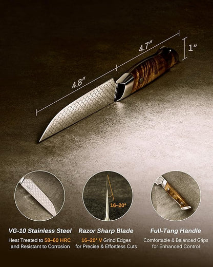 KYOKU 4.8" Steak Knife Set of 4 with Non-Stick Koi Scale Pattern, Japanese VG10 Stainless Steel Steak Knives with Sheath Gift Box, Shogun Koi Series Full Tang Knives for Steak with Camphorwood Handles