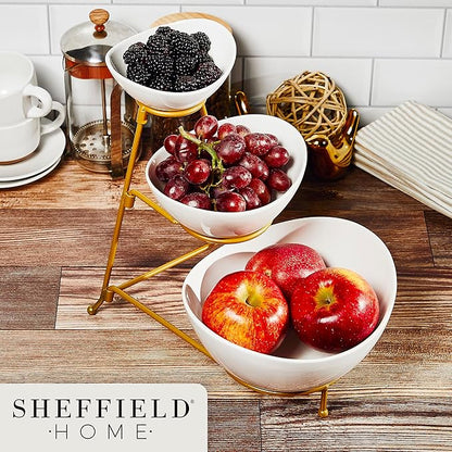 3 Tier Large Serving Bowls Set - Microwave & Dishwasher Safe Stoneware Fruit Bowl with Collapsible Gold Metal Stand - Bowls for Kitchen, Dinner Parties, Desserts, Chip and Dip & Side Dishes (White)