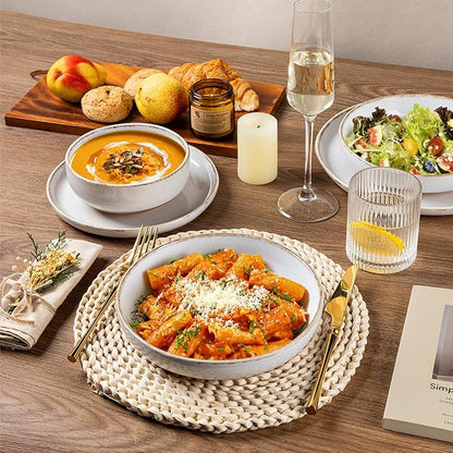AmorArc Ceramic Dinnerware Sets with Pasta Bowls for 8, Handpainted Plates and Bowls Set with Rustic Terracotta Underside, Scratch Resistant Dishes Set, Dishwasher & Microwave Safe, 32 Pcs-White