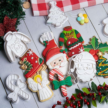 Flycalf Christmas Cookie Cutters for Kids Baking, with Stamper Stencil 3D Cake Decorating Pastry Kitchen Mold Supplies, Christmas Shapes Holiday Birthday Party Biscuit Fondant Tools
