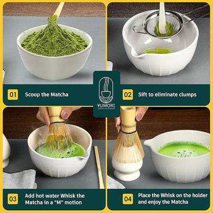 6 Pcs Matcha Whisk Set | Matcha kit with White Bowl, Bamboo Whisk, Scoop, Sifter, Holder for whisk & Cleaning Cloth, Traditional Matcha Set in Magnetic Gift Box