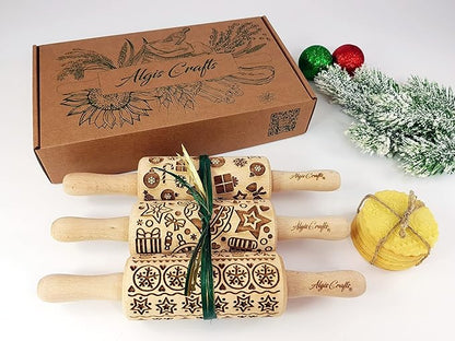 CHRISTMAS FUN 3 Kid Rolling Pin Set. Wooden Laser Cut Embossing Cut Mini Rolling Pins for Embossed Cookies. Gift for Kid, Friend, Christmas by Algis Crafts