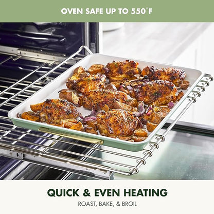 GreenPan Bakeware Set, 7 Piece Nonstick Ceramic Gold Handle Baking Sheets, Cake Pans, Loaf Pan, Muffin Tin, Cooling Rack, PFAS & BPA Free, Freezer to Oven Dish, Bake & Roast Ovenware, Sage Green