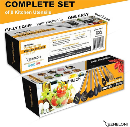 PREMIUM Silicone Kitchen Serving Utensil Set - Stainless Steel Metal and Black Utensils Including Tongs Spoons Spatula Ladle Whisk and Frosting Spatula Professional Nonstick Safe Modern Cooking Tools
