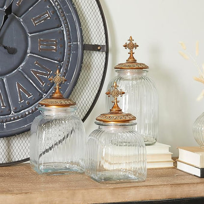 Deco 79 Glass Round Decorative Jars, Set of 3 15", 13", 11" H, Clear