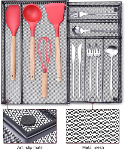 WuGeShop Expandable Mesh Silverware Drawer Organizer, Adjustable Metal Kitchen Cutlery Tray, Flatware Utensil Organizer with Non-slip Rubber Feet (Black, 7 Compartments)