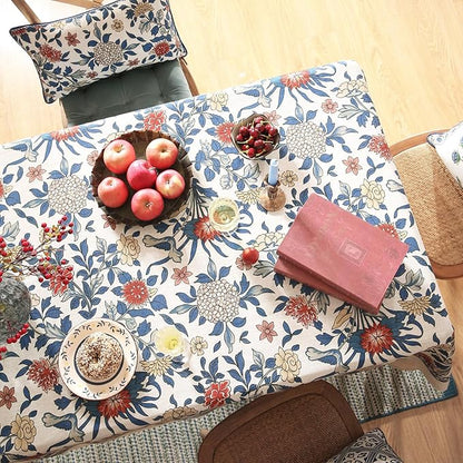 patdrea Designer Blue Tablecloth for Rectangle Table,Vintage Linen with Leaves and Floral Pattern Tablecloths,Farmhouse Decor Cover for Kitchen Dining Christmas,Thanksgiving,55"x87"-Ivar a