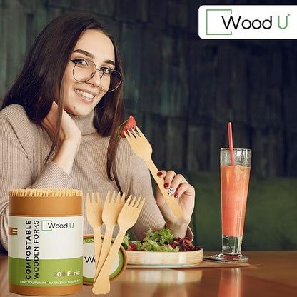 Disposable Wooden Forks by WoodU | 100% All-Natural, Eco-Friendly, Biodegradable, and Compostable - Pack of 200-6.5" forks cutlery utensils