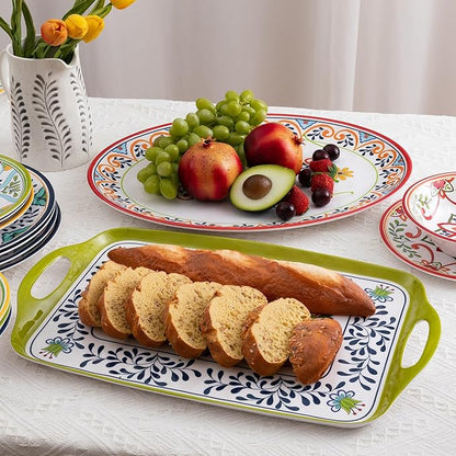 Melamine Serving Platter, Set of 2,Talavera Melamine Large Serving Tray,19''x8'' Rectangular and 18''x14'' Oval Platter Set. Multi-Color
