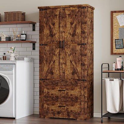 Pantry Organizers and Storage Cabinet, 71” Barn Door White Kitchen Cabinet with Drawers and Adjustable Shelf, Tall Pantry for Kitchen, Dining Room, Living Room. Bathroom and Office