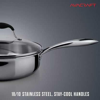 AVACRAFT 18/10 Tri-Ply Stainless Steel Saute Pan with Lid, Helper Handle, Induction & Stovetop, Versatile Stainless Steel Skillet, Cookware (3.5 Quarts)