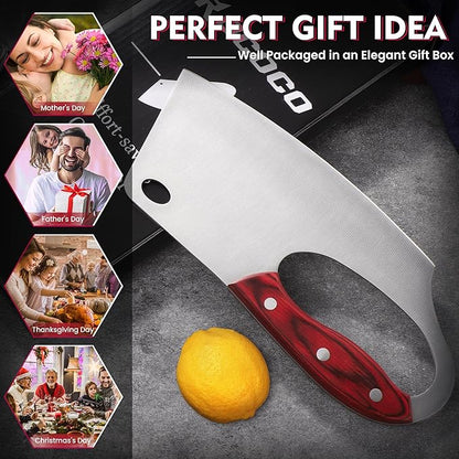 ROCOCO Meat Cleaver Knife Unique Effort Saving Professional Stainless Steel Kitchen Chef Cooking Knives for Cutting Meat Vegetable Thanksgiving Christmas Gift Red Full Tang 7.48"