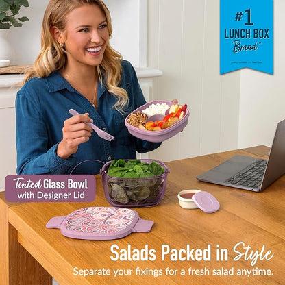 Bentgo Glass Prints All-in-One Salad Container - 61oz Tinted Glass Salad Bowl with Lid, Bento-Style Tray, Sauce Container, & Reusable Fork - Dishwasher & Microwave Safe (Floral Maximalist - Bouquet)