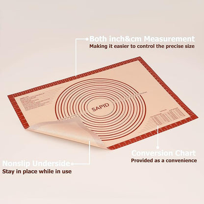 Sapid Extra Thick Silicone Pastry Mat Non-slip with Measurements for Non-stick Silicone Baking Mat Extra Large, Dough Rolling, Pie Crust, Kneading Mats, Countertop, Placement Mats (20" x 28", Red)
