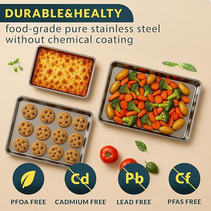 Baker’s Signature Stainless Steel Cookie Sheet Pan, Stainless Steel Baking Sheet Set of 3, Mirror Finish, Non-Stick, Rust Resistant, BPA Free, Dishwasher Safe, 9/12/16 Inch