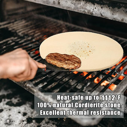 13 Inch Round Pizza Stones for Grill and Oven, Cordierite Baking Stones Set with Serving Rack & Cutter, Durable and Safe Cooking Stone Pan for Bread