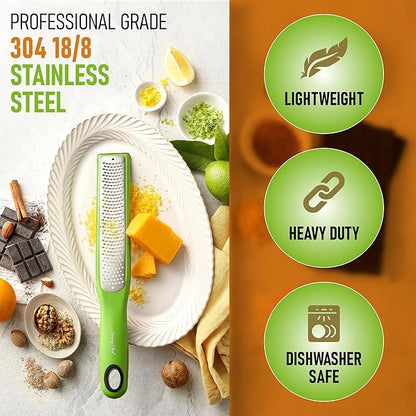 Spring Chef Premium Lemon Zester Grater with Handle - Orange, Garlic, Ginger, Nutmeg, Cheese Grater- Handheld Sharp Kitchen Tool - Stainless Steel Citrus Zester with Blade Cover - Fine Shred, Green