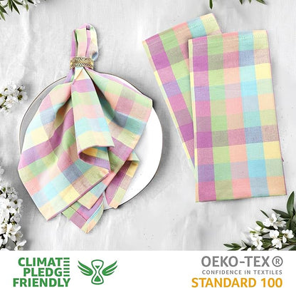Urban Villa Easter Cloth Napkins (Set of 12)100% Cotton Highly Absorbent Dinner Napkins 20x20 Inches Soft Durable Reusable Washable Easter Checks Table Dinner Napkins for Home Parties Wedding Napkins