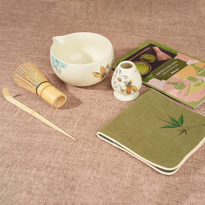 Matcha Whisk Set – Ceramic Matcha Set with Matcha Bowl, Matcha Whisk & Holder, Bamboo Scoop, Tea Towel – 5-Piece Japanese Matcha Kit for Matcha Lovers, Beginners & Gifting (Multicolor, 17oz)