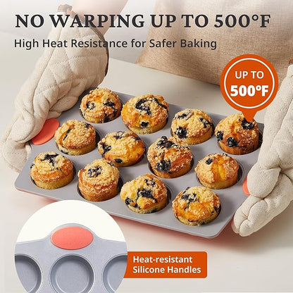 BRONYPRO Ceramic Muffin Pan, 12-Cup Nonstick Aluminized Steel Cupcake Pans, Healthy Non-Toxic Ceramic Coating Muffin tin, 2 Pack Cup Cake Pans for Baking Coral