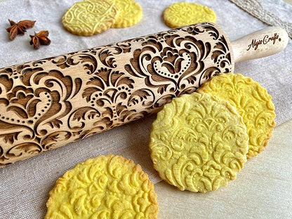 DAMASK Rolling Pin. Embossed cookies with flowers DAMASK PATTERN. Wooden embossing rolling pin with ORIENTAL FLOWERS for Homemade Cookies and Pottery by Algis Crafts