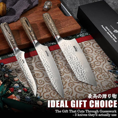 Huusk Japanese Kitchen Knife Set, 3-Piece Professional Chef Knives Set for Kitchen, Hand Forged Butcher Knife Set for Meat Cutting, Meat Cleaver Boning Knife with Pakkawood Handle, Gift for Men