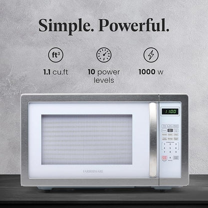 Farberware Countertop Microwave Oven 1000 Watt Power Auto Cook Settings, Defrost, Easy Clean and Child Safety Lock, 1.1 Cu. Ft, White Platinum