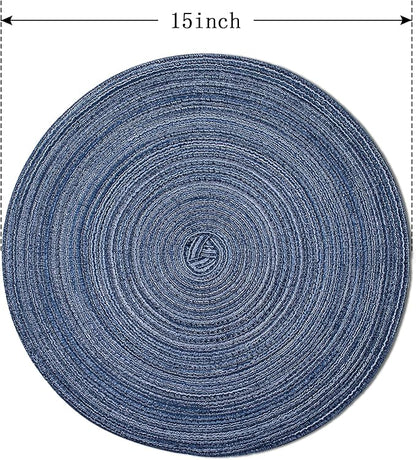 FunWheat Round Braided Placemats Set of 6 Place mats for Dining Tables Woven Heat Resistant Table Mats 15 inch (Blue)