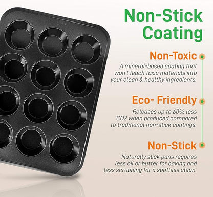 NutriChef Stackable Non-Stick Baking Pans Set – Carbon Steel Bakeware Set w/ Cookie Sheet, Muffin & Loaf Pan, Double Coated for Easy Release, Oven & Dishwasher Safe, Resists Warping, – Easy to Clean