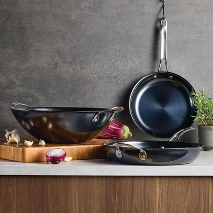 Anolon Everlast N2 Carbon Steel Wok/Stir-Fry Pan, Compatible with All Cooktops, Metal Utensil Safe, 14 Inch - Black