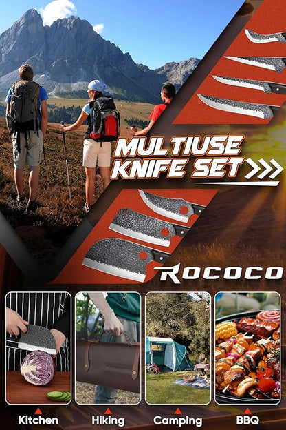 ROCOCO 13PCS Butcher Cleaver Knife Set for Meat Cutting Serbian Chef Viking Boning Knife with Roll Bag for Kitchen Outdoor BBQ Camping Birthday Christmas Father Mother Gift Idea Men