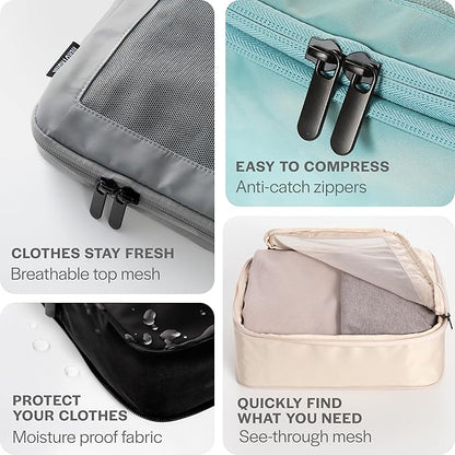 Aerotrunk Compression Packing Cubes for Travel - Luggage Organizer Bags - Double Zipper Packing Cubes for Suitcases (4-Pack, Light Grey)