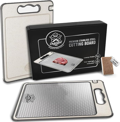 Chef’s Steel Pro 15”×10” Premium 304 Stainless Steel Cutting Board – 4-in-1 Double-Sided with Knife Sharpener, Garlic Grater, Wheat Straw PP & TPR Non-Slip, Dishwasher Safe, Includes Eco Sponge