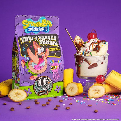 Bones Coffee Company Spongebob Goofy Goober Sundae, Banana Split Flavored Coffee, Medium Roast Low Acid Arabica Beans Compatible with Auto drip and French Press Coffee Maker, 12 Oz Whole Bean