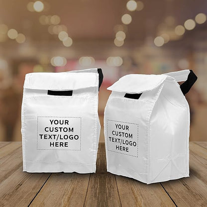 DISCOUNT PROMOS 10 Hook and Loop Insulated Lunch Bags Set - Customizable Text, Logo - Polyester, Durable, Vibrant, Reusable - White
