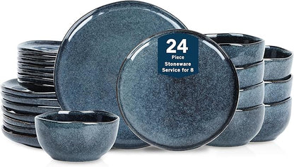 Stone Lain Mirella 24-Piece Stoneware Dinnerware Set, Service for 8 – Reactive Glaze, Deep Blue – Includes Dinner Plates, Salad Plates, and Bowls – Modern Organic Design