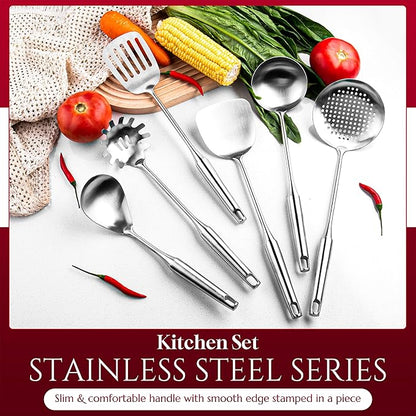 6 Pc Stainless Steel Cooking Utensils Set with Ergonomic Handles – Heat Resistant Kitchen Tools Includes Slotted Spatula, Skimmer Ladle, Spatula, Serving Spoon, Pasta Spoon Ideal for Cooking