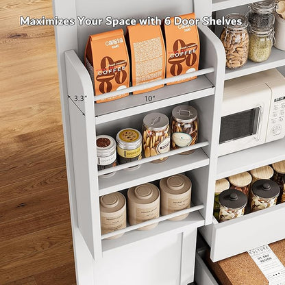iPormis 71" Tall Kitchen Pantry Storage Cabinet w/Adjustable Shelf, Door Shelves & Large Drawers, Freestanding Kitchen Cupboard for Dining Room/Living Room, White