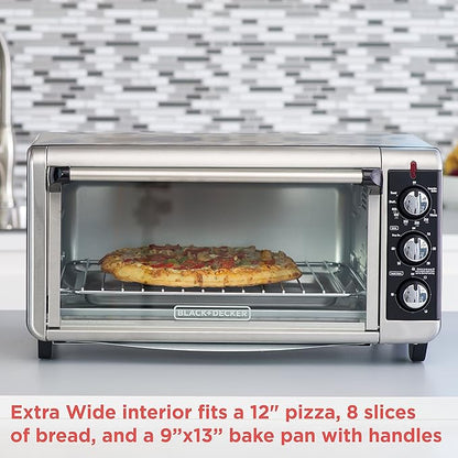 BLACK+DECKER 8-Slice Extra Wide Convection Toaster Oven, Fits 9"x13" Oven Pans and 12" Pizza, Bake, Toast, Broil, and Keep Warm Functions, Countertop Compact Design with Stainless Steel Finish