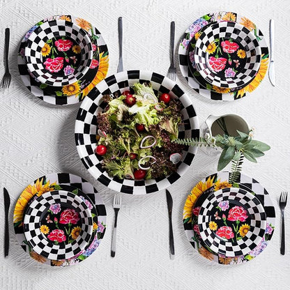 LEHAHA Melamine Large Serving Bowls, Set of 2, Sunflower 13.75" x 2.75" (130 OZ) Pasta and Salad Bowl, Black Plaid Durable for Kitchen, Dishwasher Safe