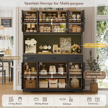 HOSTACK 71" Tall Kitchen Pantry Storage Cabinet with Charging Station, 55" Wide Kitchen Hutch Cabinet with Large Countertop, Farmhouse Food Pantry with Drawers for Living Room (Black)