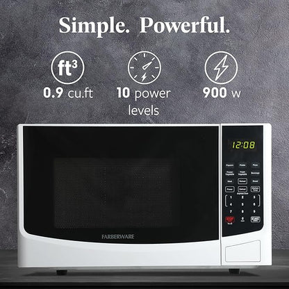 Farberware 0.9 Cu. Ft. Countertop Microwave Oven – 900W Power, Auto Cook Settings, Defrost, and Safety Lock – White