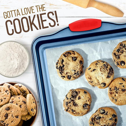 NutriChef 3-Piece Nonstick Cookie Sheets for Baking - Premium Carbon Steel Baking Trays w/ Non-Stick Smooth Coating & Silicone Handles - Large, Medium, & Small Bakeware - Blue