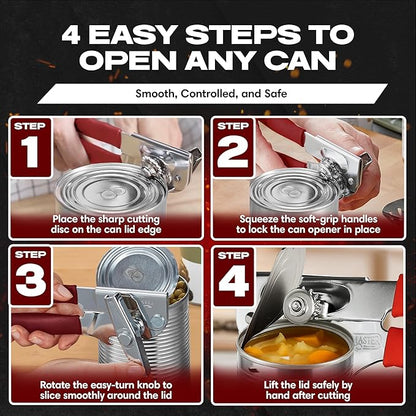 Chef-Master Commercial Can Opener, Multi-Purpose Can-Opener Manual, Easy Turn Anti-slip Grip Knobs, Sharp Cutting Discs, Manual Handheld With Soft Handle for Large Cans & Kitchen Use -90226