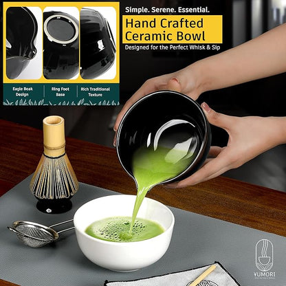 6 Pcs Matcha Whisk Set | Matcha kit with Black Bowl, Bamboo Whisk, Scoop, Sifter, Holder for whisk & Cleaning Cloth, Traditional Matcha Set in Magnetic Gift Box