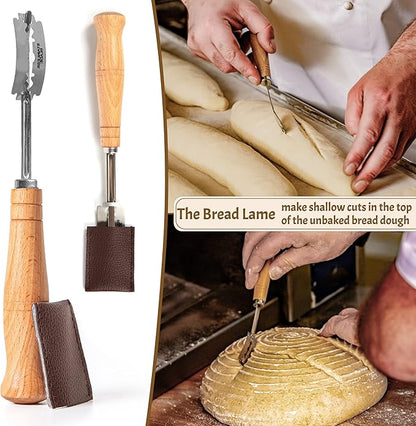 Sourdough Bread Baking Supplies Starter Kit, Banneton Proofing Basket 9'' Round and 10” Oval, Sourdough Starter Jar, Scraper, Scoring Lame, Brush, Short Danish Whisk, Gift Set