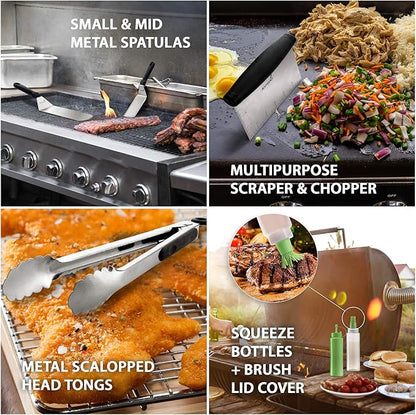 Metal Spatula Set - Griddle Accessories kit - Grill Flat Spatula Pancake Flipper Hamburger Turner - Metal Utensil great for BBQ Grill Flat Top - Cast Iron Griddle Accessories - Commercial Grade